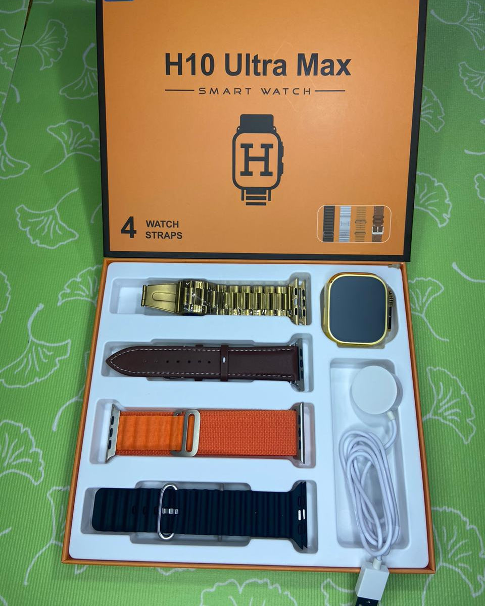 H10 Ultra Max HD 4-in-1 Smartwatch with Four Straps 49mm Large Gold Watch - Amazorio