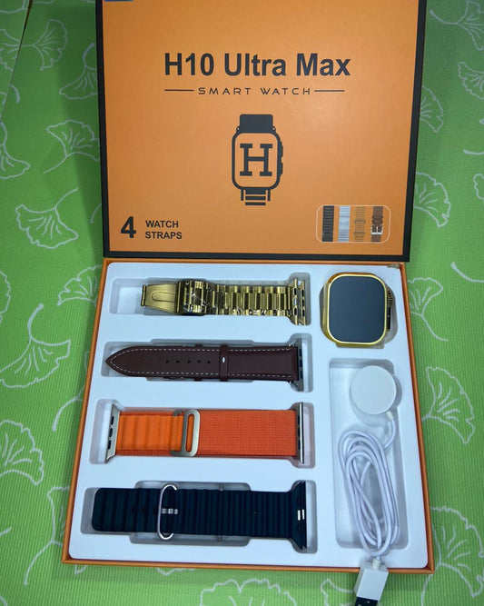 H10 Ultra Max HD 4-in-1 Smartwatch with Four Straps 49mm Large Gold Watch - Amazorio